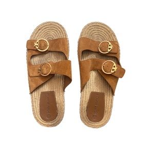 Tory Burch Brown Suede Flat Espadrilles Slides Sandals Size 10 Gold Hardware